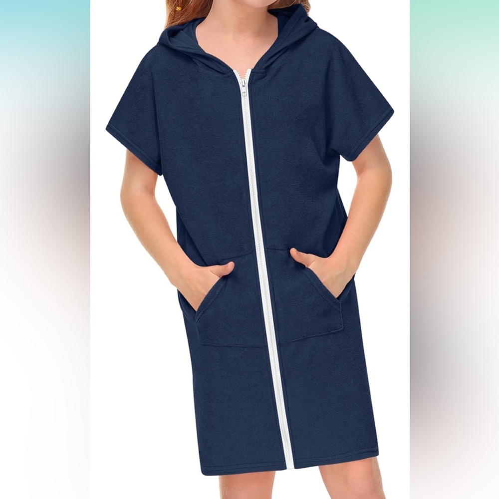 Kids Navy Hooded Swim Coverup with Front Zip